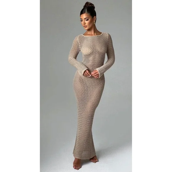 Babyboo Moana Crochet Knit Maxi Dress Backless Long Sleeve Beige S‎ Small - Picture 2 of 7
